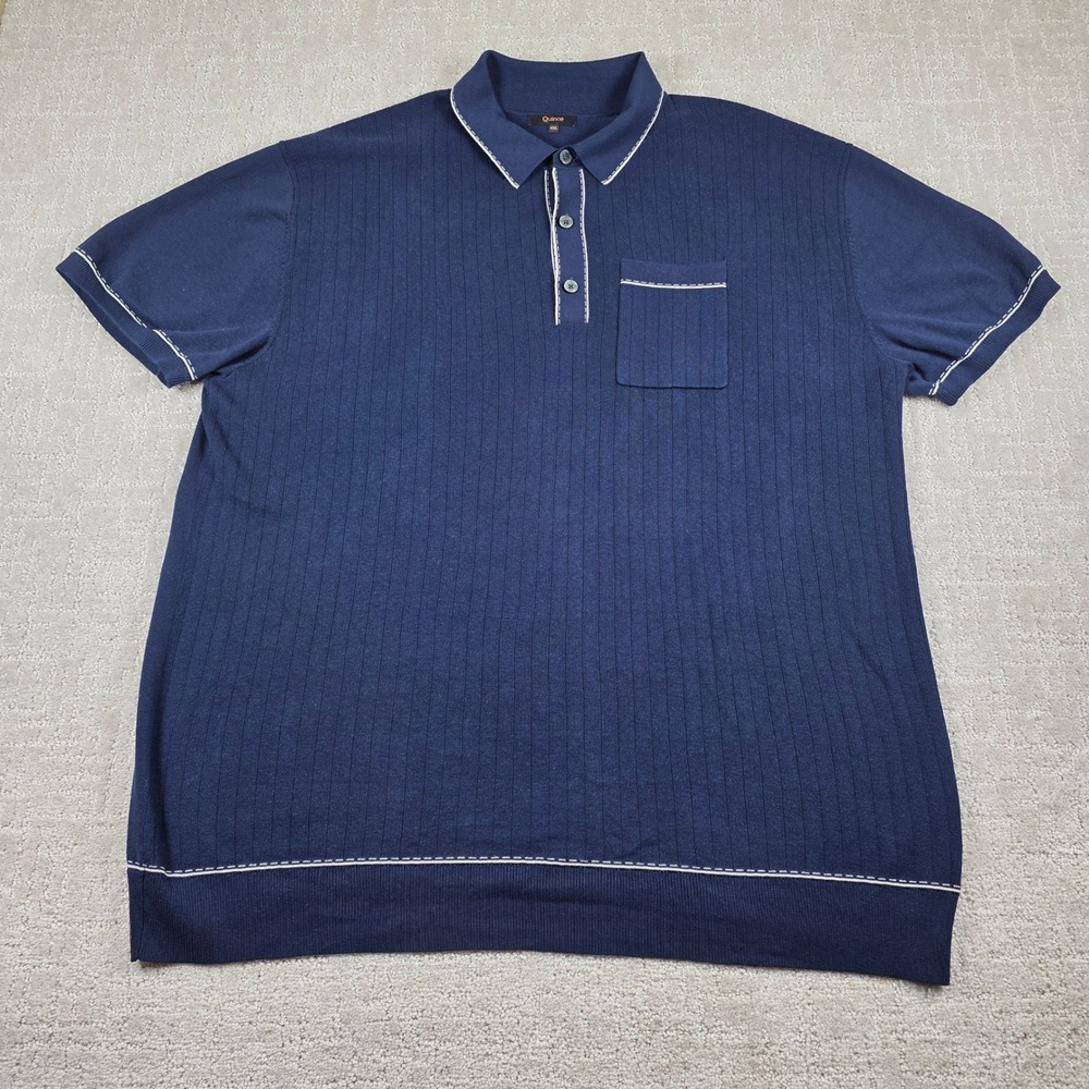 Quince Mens XXL Navy Blue Silk Organic Cotton Knit Ribbed Short Sleeve Sweater